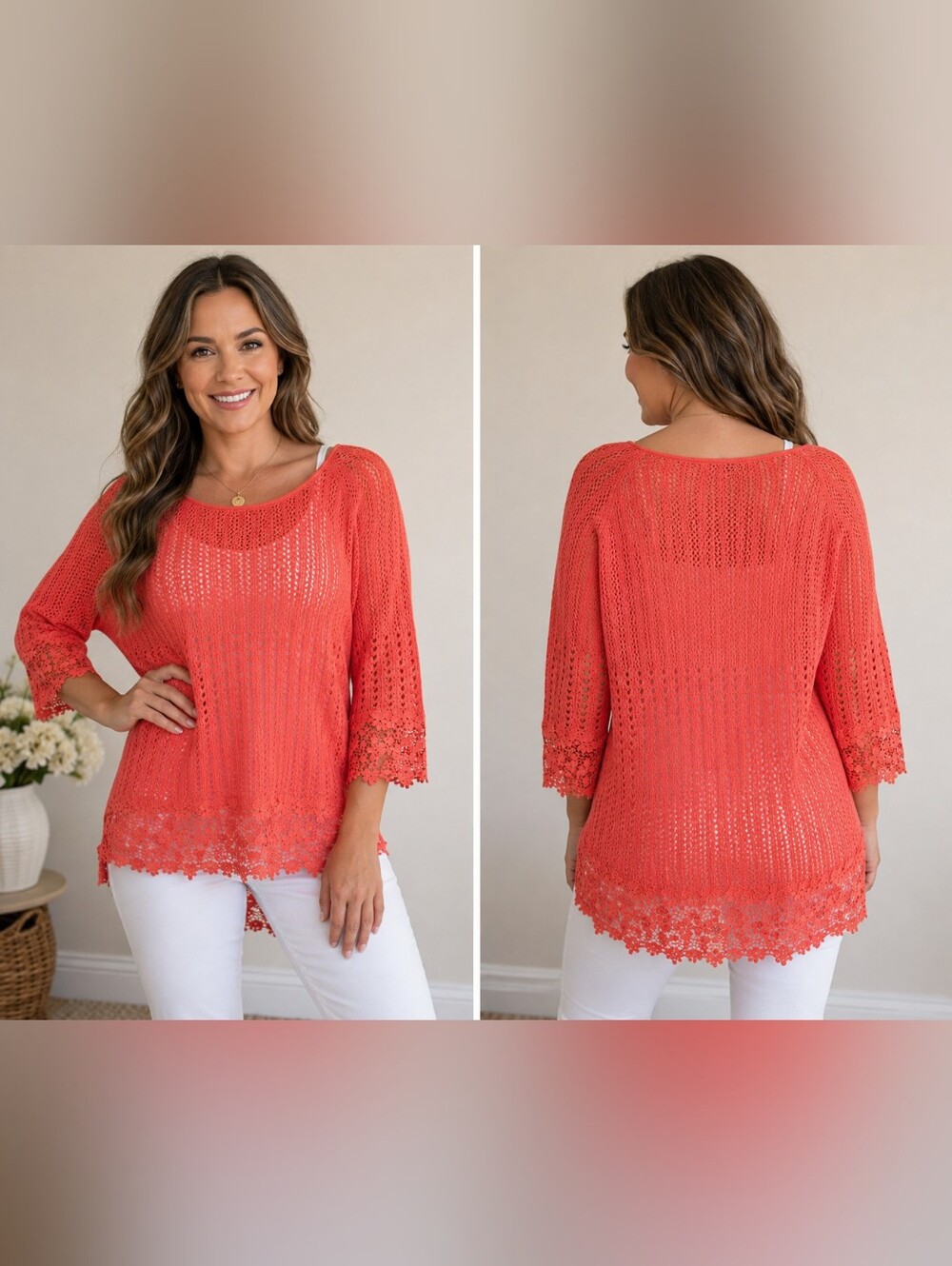Kim Rogers Coral Open Knit Crochet Lace Hi-Low Tunic Cover Up Top XL